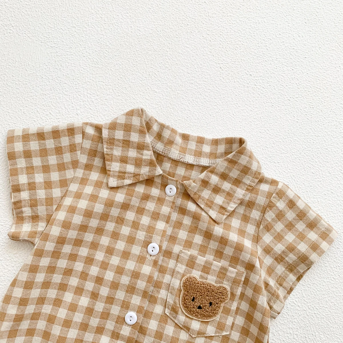 Baby Summer Clothes Boys Checked Bear Embroidered Shirt Collar Short-Sleeved Jumpsuit Children's Clothing
