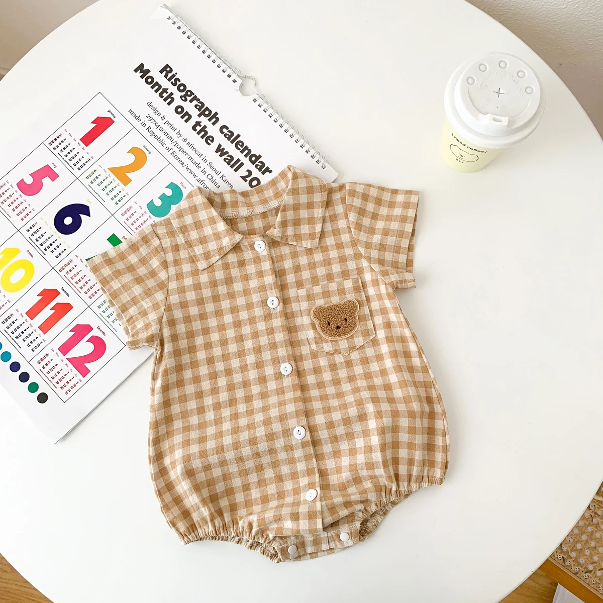 Baby Summer Clothes Boys Checked Bear Embroidered Shirt Collar Short-Sleeved Jumpsuit Children's Clothing