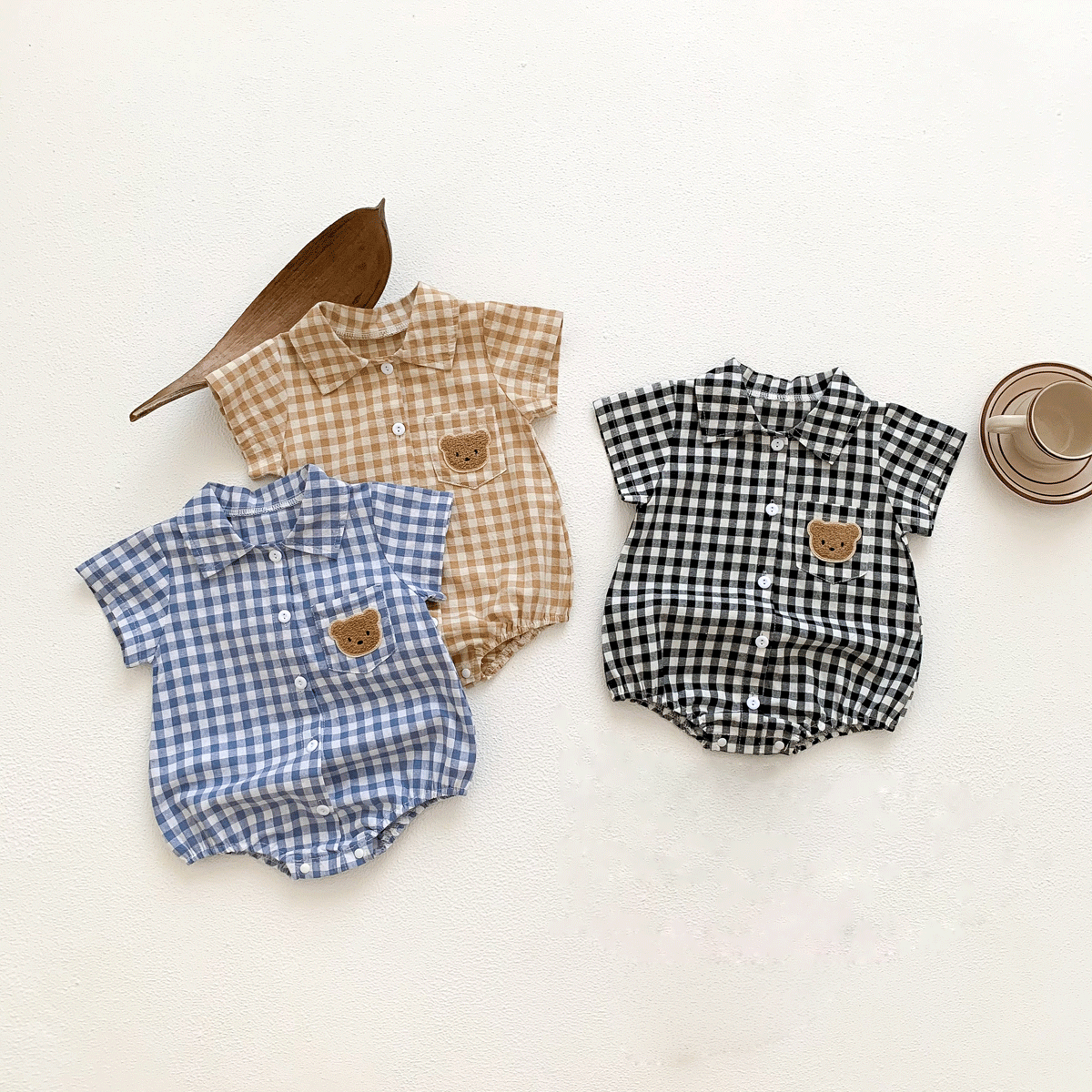 Baby Summer Clothes Boys Checked Bear Embroidered Shirt Collar Short-Sleeved Jumpsuit Children's Clothing