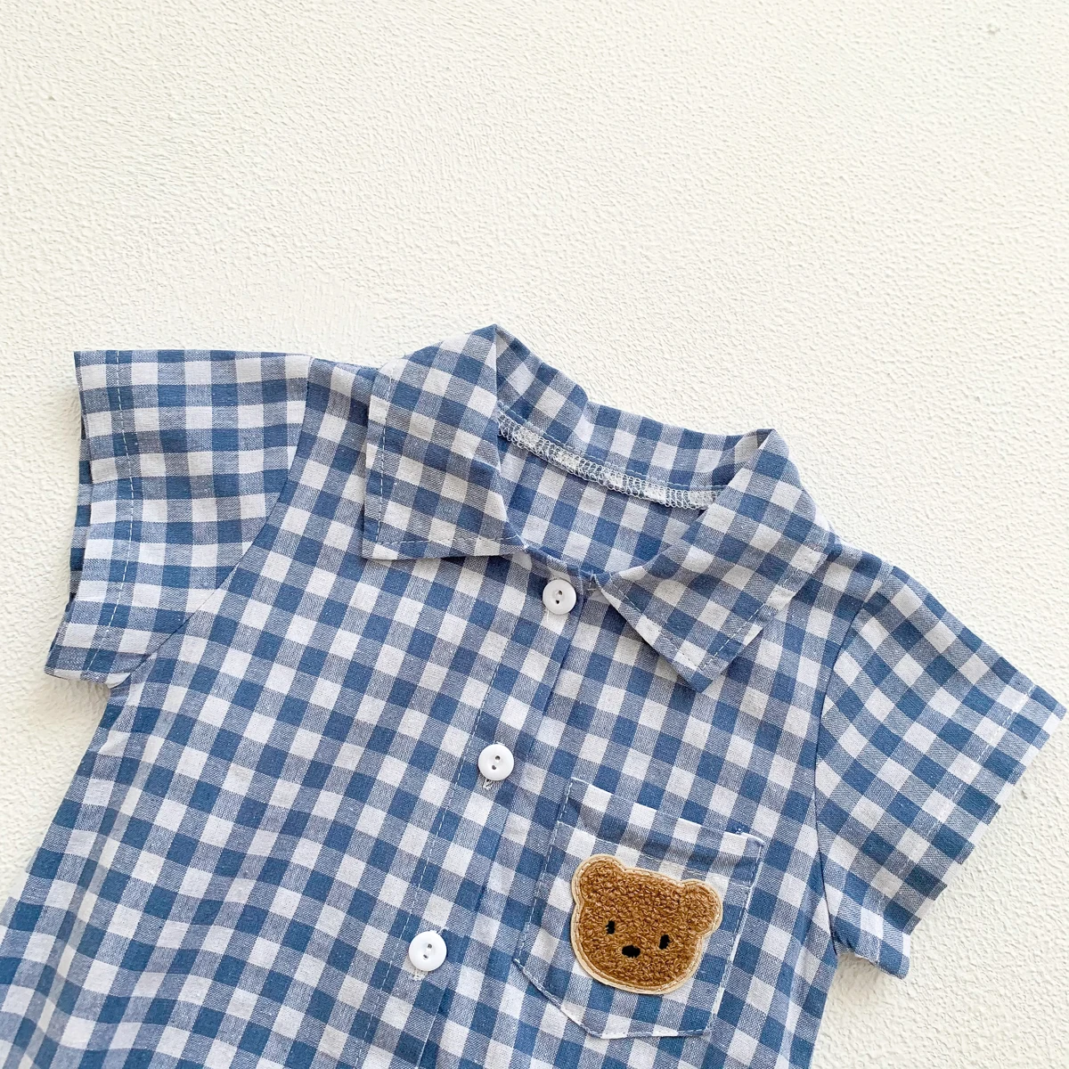 Baby Summer Clothes Boys Checked Bear Embroidered Shirt Collar Short-Sleeved Jumpsuit Children's Clothing