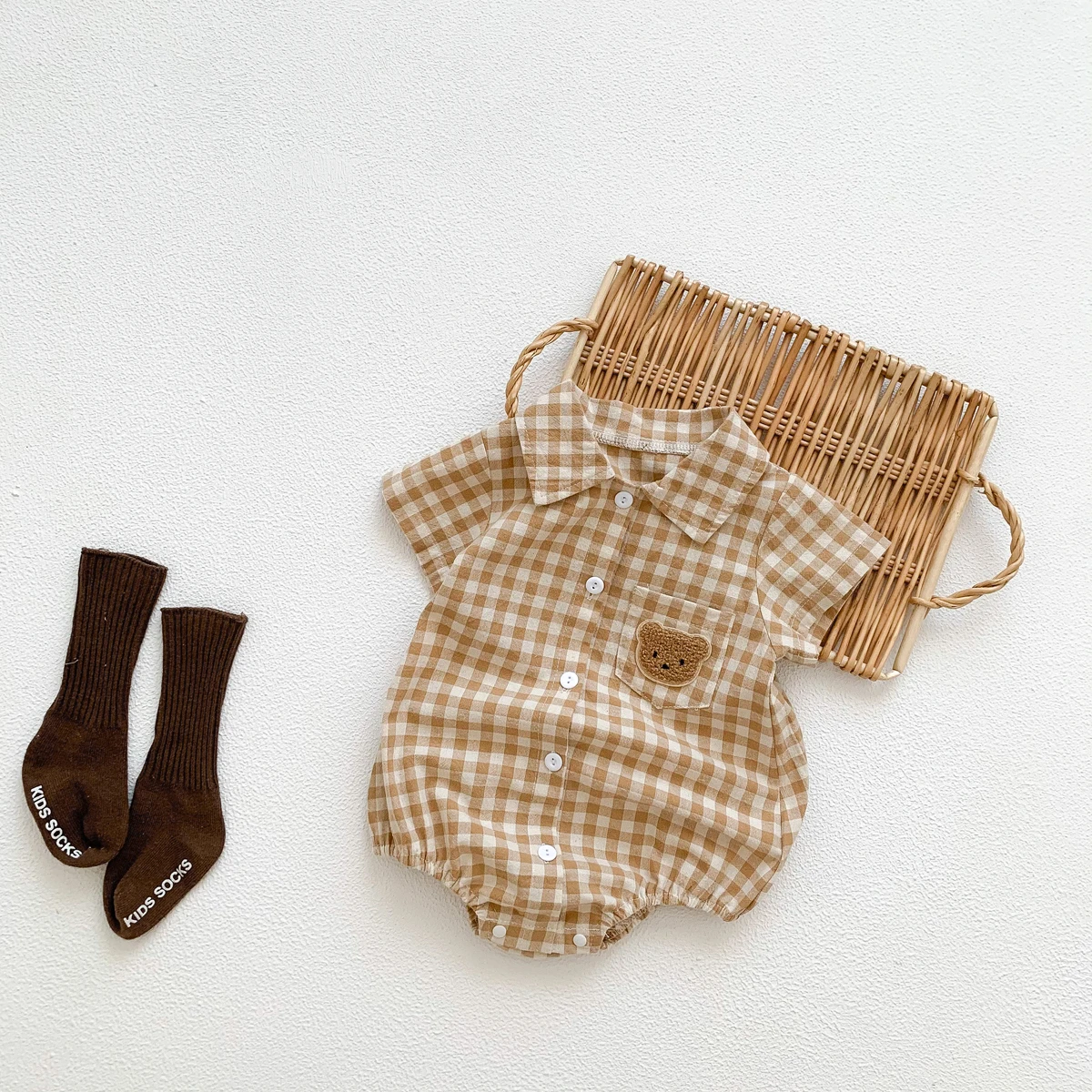 Baby Summer Clothes Boys Checked Bear Embroidered Shirt Collar Short-Sleeved Jumpsuit Children's Clothing