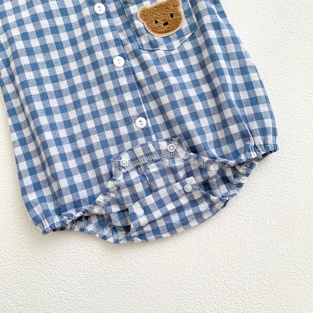 Baby Summer Clothes Boys Checked Bear Embroidered Shirt Collar Short-Sleeved Jumpsuit Children's Clothing