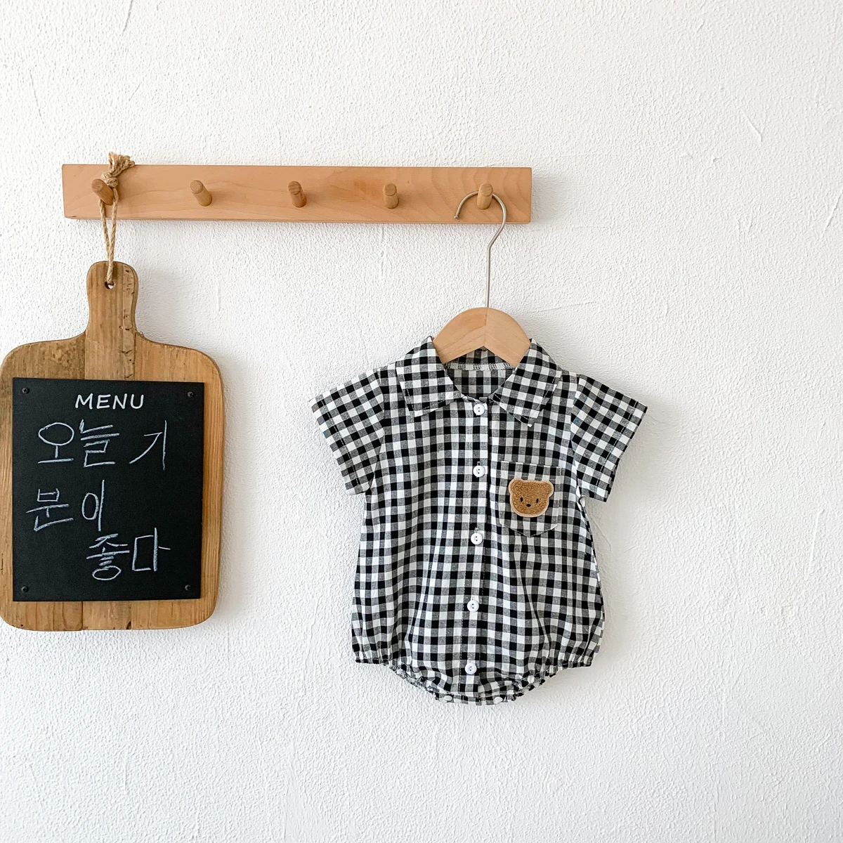 Baby Summer Clothes Boys Checked Bear Embroidered Shirt Collar Short-Sleeved Jumpsuit Children's Clothing