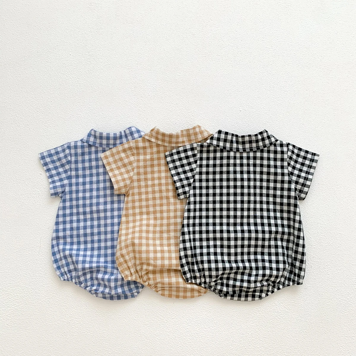 Baby Summer Clothes Boys Checked Bear Embroidered Shirt Collar Short-Sleeved Jumpsuit Children's Clothing