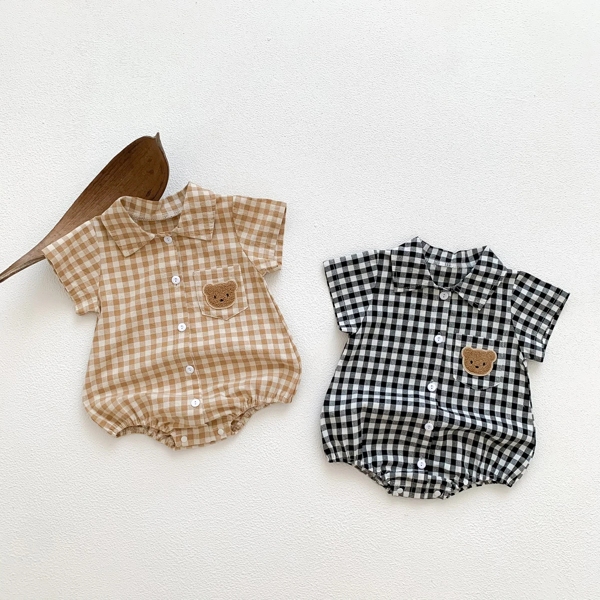 Baby Summer Clothes Boys Checked Bear Embroidered Shirt Collar Short-Sleeved Jumpsuit Children's Clothing