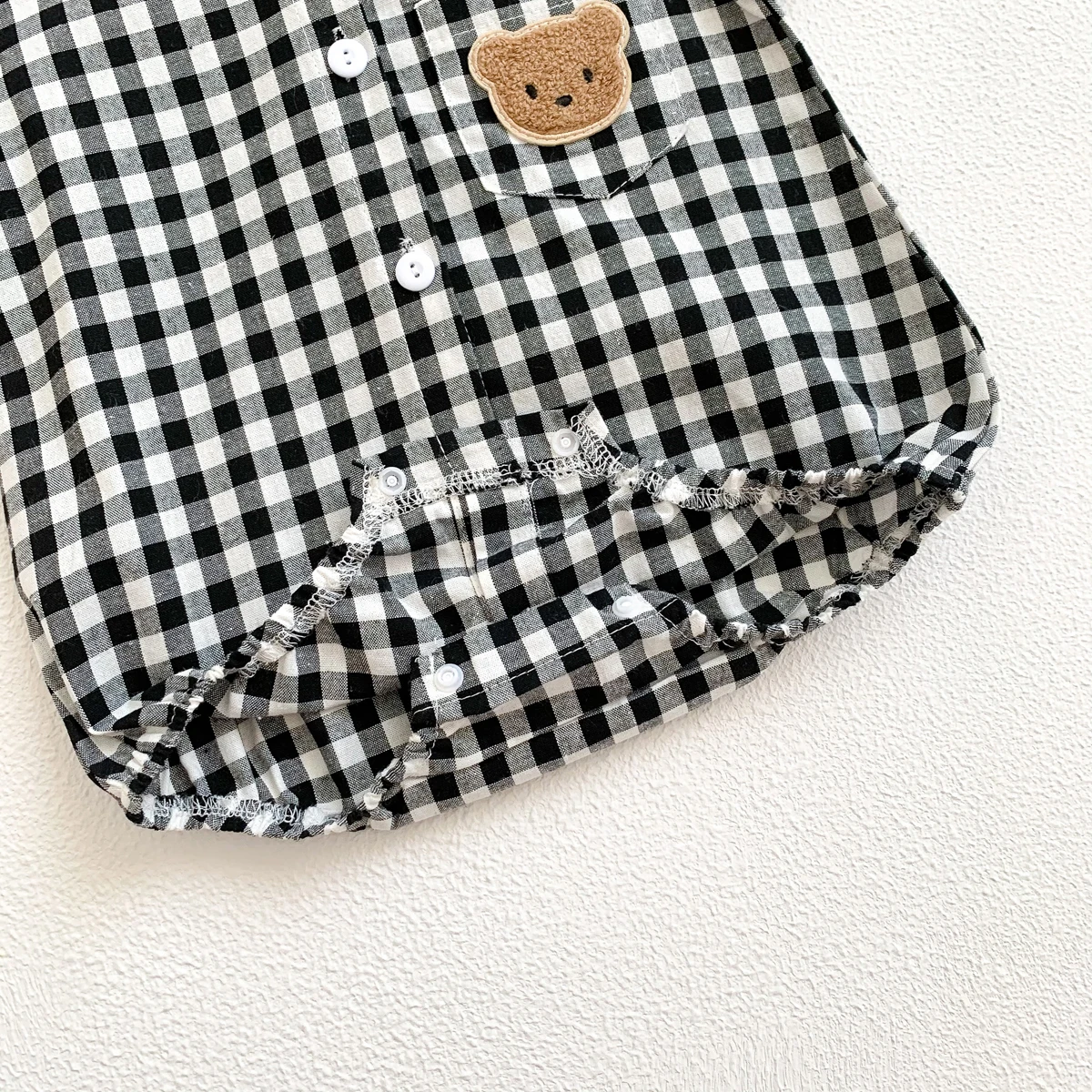 Baby Summer Clothes Boys Checked Bear Embroidered Shirt Collar Short-Sleeved Jumpsuit Children's Clothing