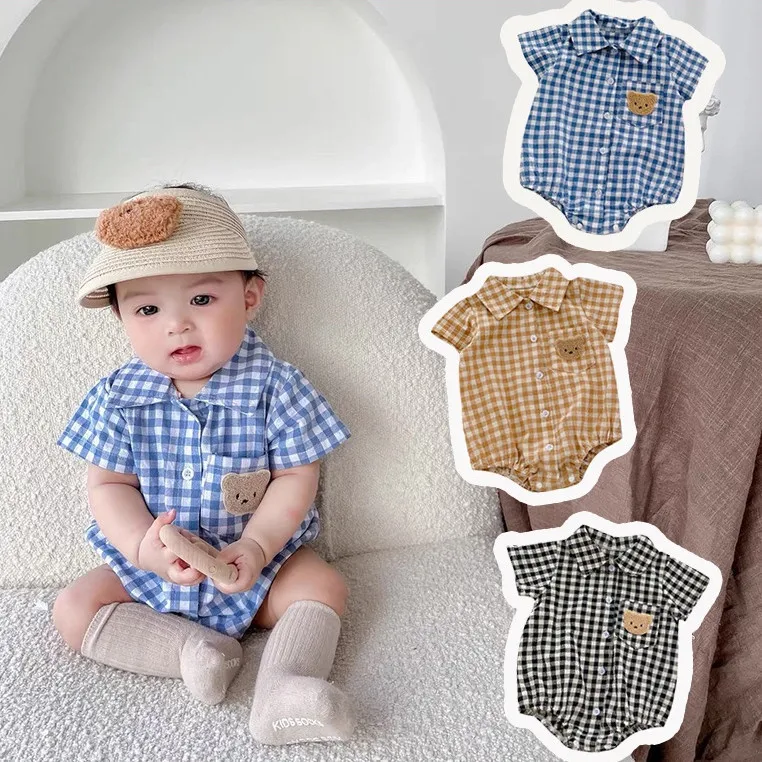Baby Summer Clothes Boys Checked Bear Embroidered Shirt Collar Short-Sleeved Jumpsuit Children's Clothing