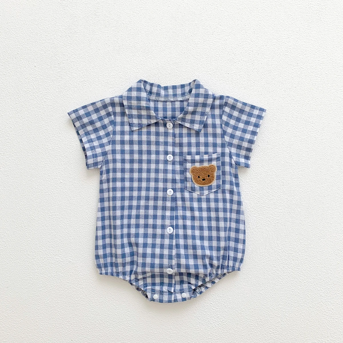 Baby Summer Clothes Boys Checked Bear Embroidered Shirt Collar Short-Sleeved Jumpsuit Children's Clothing