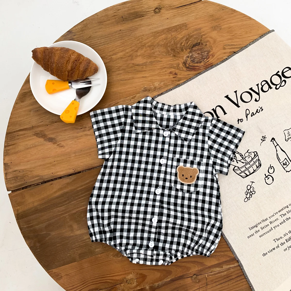 Baby Summer Clothes Boys Checked Bear Embroidered Shirt Collar Short-Sleeved Jumpsuit Children's Clothing