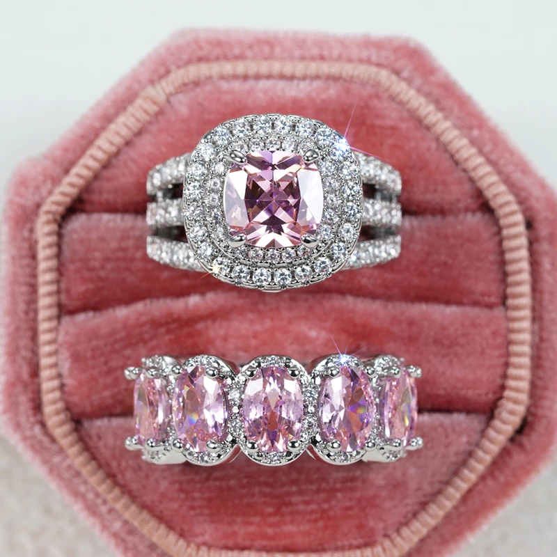 Huitan Gorgeous 2Pcs Wedding Rings for Women White/Pink/Green/Black Cubic Zirconia Set Rings Luxury Trendy Engagement Jewelry