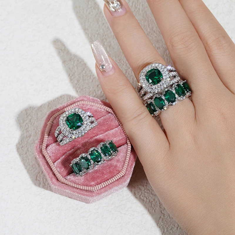 Huitan Gorgeous 2Pcs Wedding Rings for Women White/Pink/Green/Black Cubic Zirconia Set Rings Luxury Trendy Engagement Jewelry