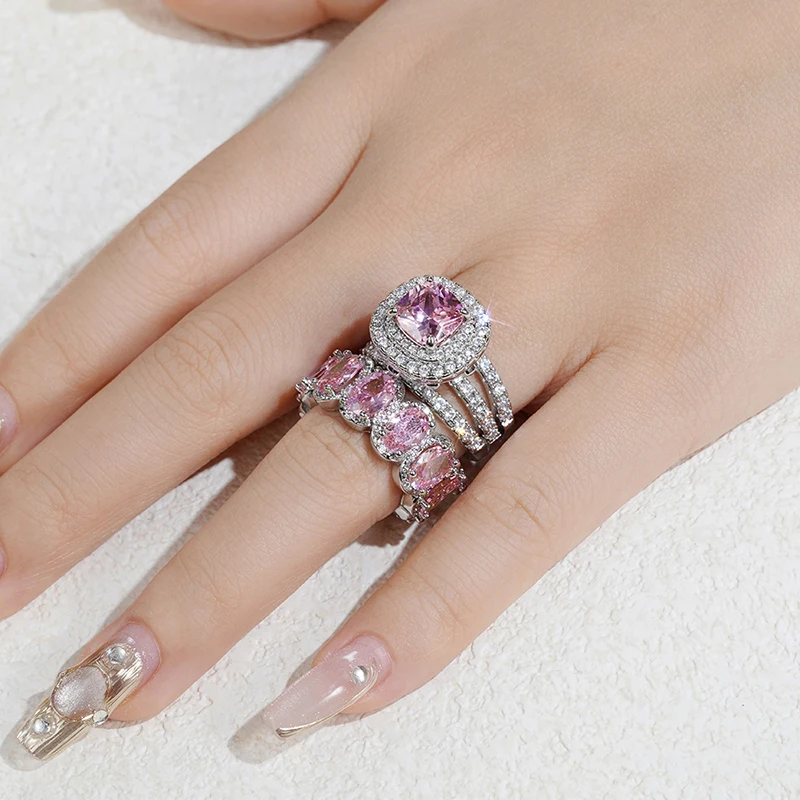 Huitan Gorgeous 2Pcs Wedding Rings for Women White/Pink/Green/Black Cubic Zirconia Set Rings Luxury Trendy Engagement Jewelry