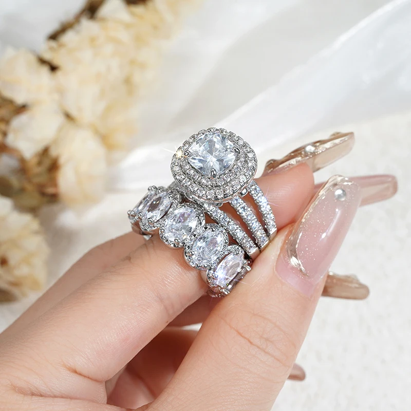 Huitan Gorgeous 2Pcs Wedding Rings for Women White/Pink/Green/Black Cubic Zirconia Set Rings Luxury Trendy Engagement Jewelry