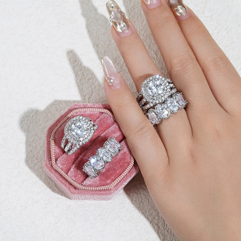 Huitan Gorgeous 2Pcs Wedding Rings for Women White/Pink/Green/Black Cubic Zirconia Set Rings Luxury Trendy Engagement Jewelry