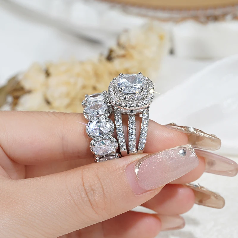 Huitan Gorgeous 2Pcs Wedding Rings for Women White/Pink/Green/Black Cubic Zirconia Set Rings Luxury Trendy Engagement Jewelry