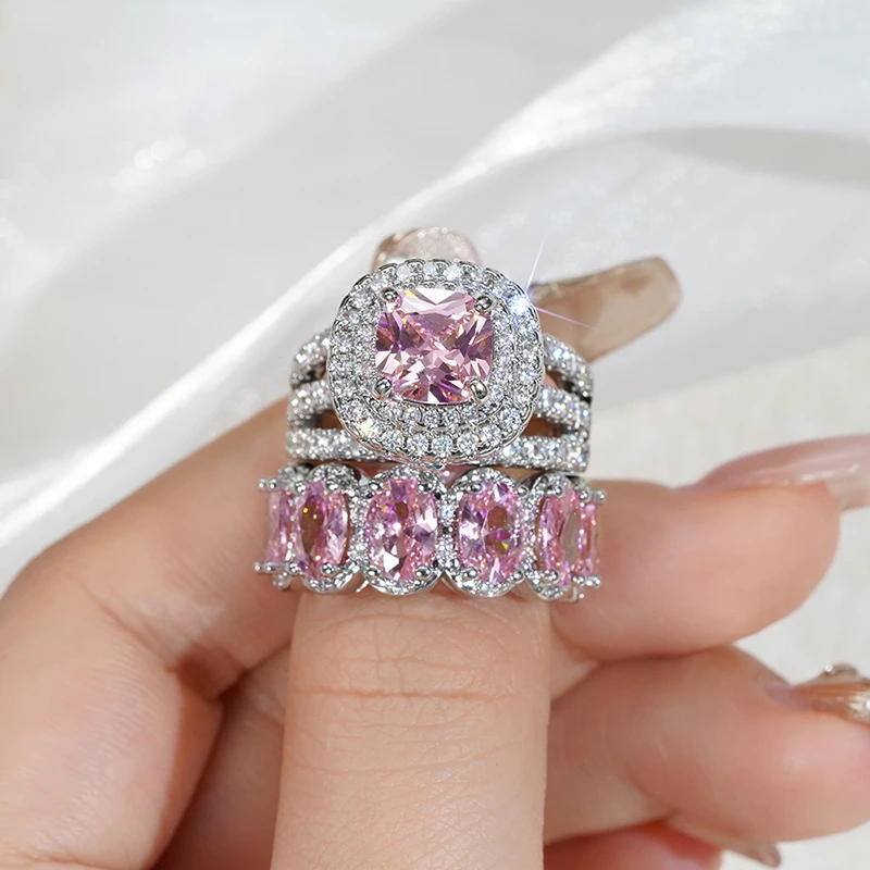Huitan Gorgeous 2Pcs Wedding Rings for Women White/Pink/Green/Black Cubic Zirconia Set Rings Luxury Trendy Engagement Jewelry