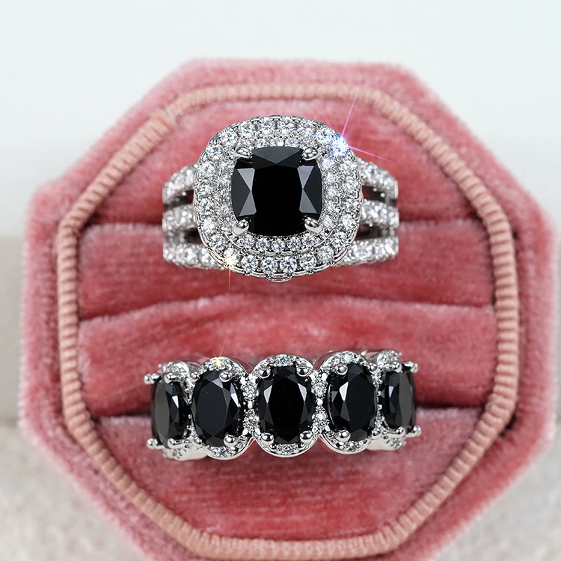 Huitan Gorgeous 2Pcs Wedding Rings for Women White/Pink/Green/Black Cubic Zirconia Set Rings Luxury Trendy Engagement Jewelry