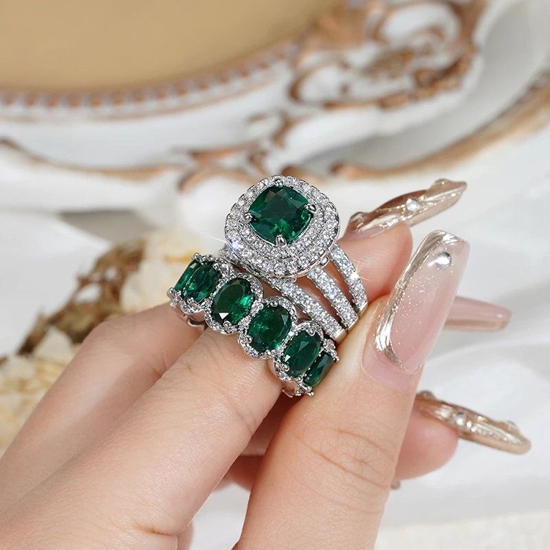 Huitan Gorgeous 2Pcs Wedding Rings for Women White/Pink/Green/Black Cubic Zirconia Set Rings Luxury Trendy Engagement Jewelry