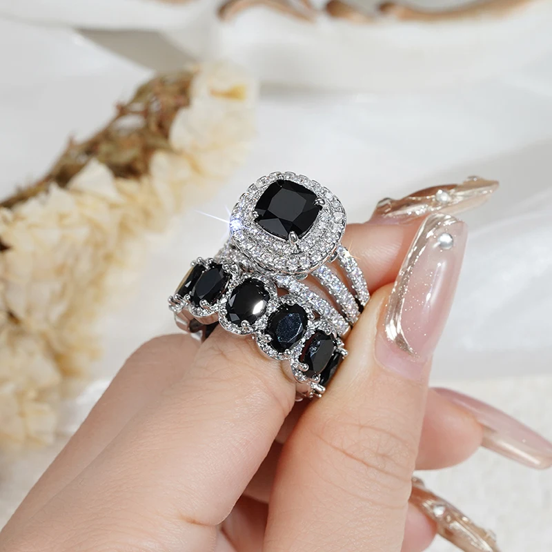 Huitan Gorgeous 2Pcs Wedding Rings for Women White/Pink/Green/Black Cubic Zirconia Set Rings Luxury Trendy Engagement Jewelry