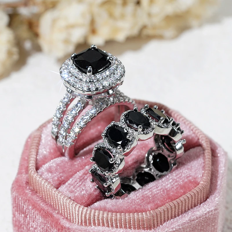 Huitan Gorgeous 2Pcs Wedding Rings for Women White/Pink/Green/Black Cubic Zirconia Set Rings Luxury Trendy Engagement Jewelry