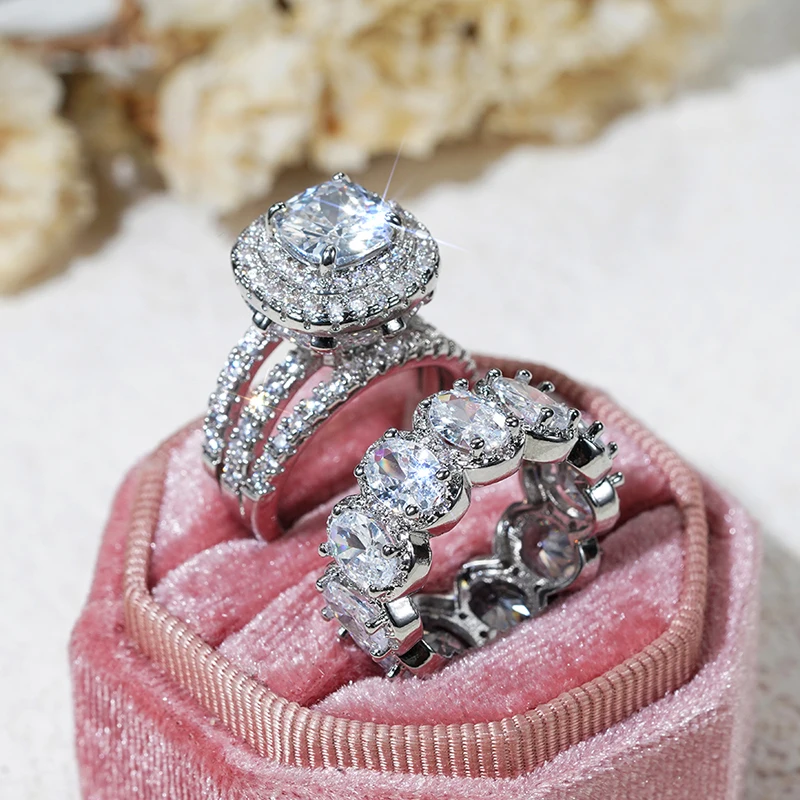 Huitan Gorgeous 2Pcs Wedding Rings for Women White/Pink/Green/Black Cubic Zirconia Set Rings Luxury Trendy Engagement Jewelry