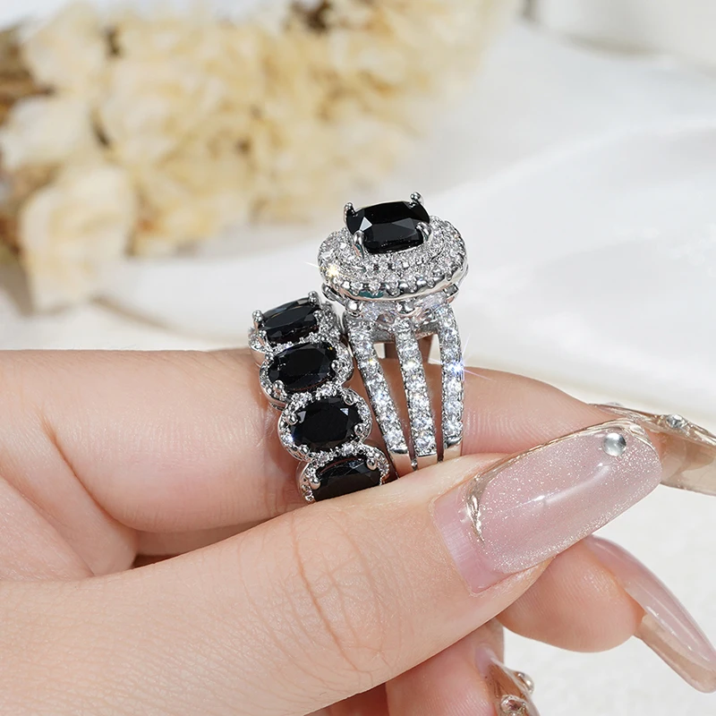Huitan Gorgeous 2Pcs Wedding Rings for Women White/Pink/Green/Black Cubic Zirconia Set Rings Luxury Trendy Engagement Jewelry