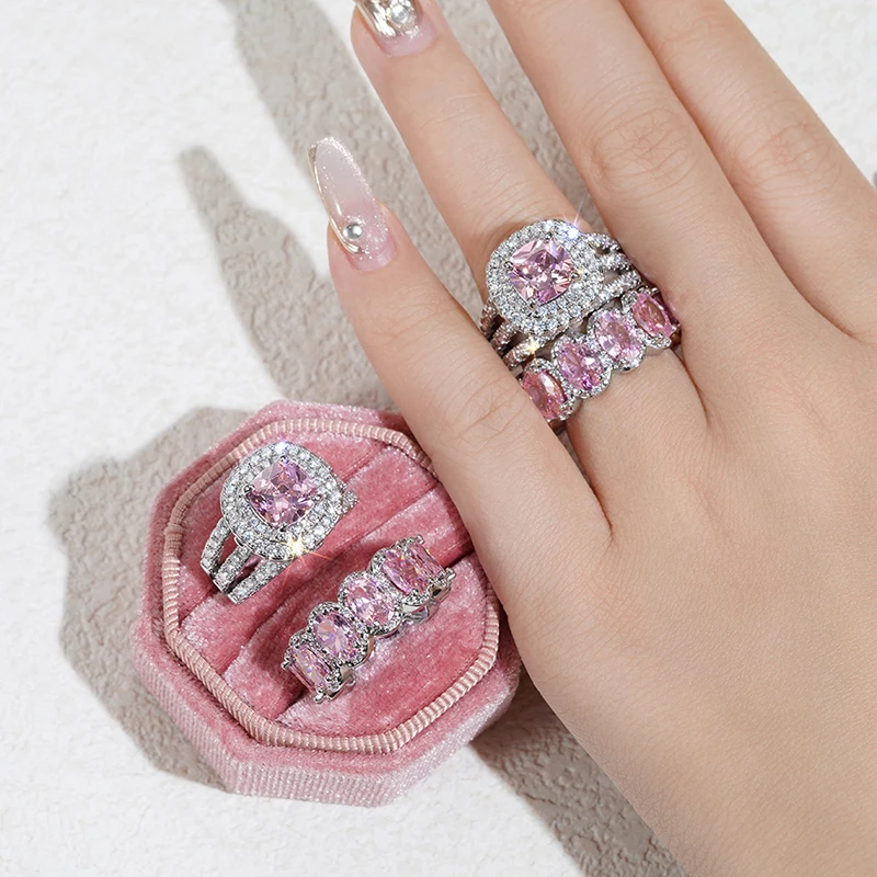 Huitan Gorgeous 2Pcs Wedding Rings for Women White/Pink/Green/Black Cubic Zirconia Set Rings Luxury Trendy Engagement Jewelry