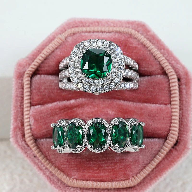 Huitan Gorgeous 2Pcs Wedding Rings for Women White/Pink/Green/Black Cubic Zirconia Set Rings Luxury Trendy Engagement Jewelry