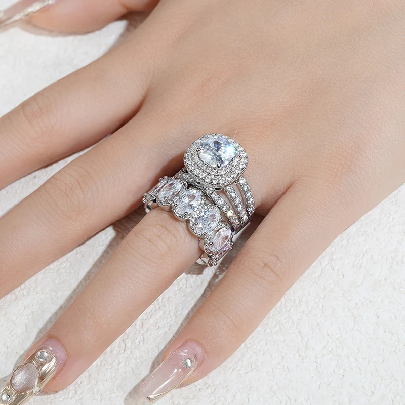 Huitan Gorgeous 2Pcs Wedding Rings for Women White/Pink/Green/Black Cubic Zirconia Set Rings Luxury Trendy Engagement Jewelry