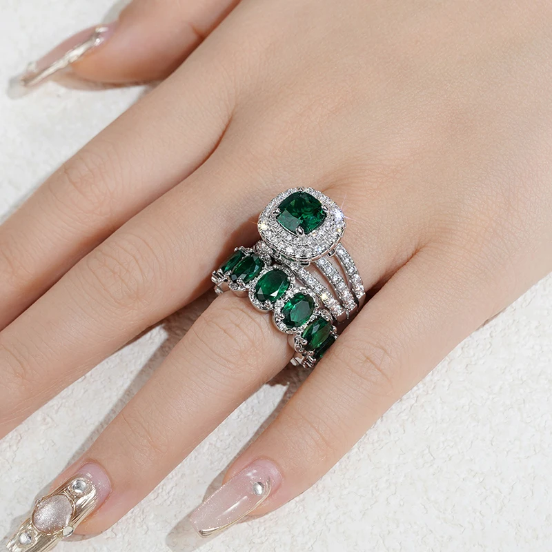 Huitan Gorgeous 2Pcs Wedding Rings for Women White/Pink/Green/Black Cubic Zirconia Set Rings Luxury Trendy Engagement Jewelry