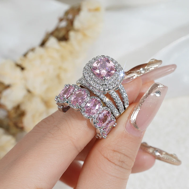 Huitan Gorgeous 2Pcs Wedding Rings for Women White/Pink/Green/Black Cubic Zirconia Set Rings Luxury Trendy Engagement Jewelry