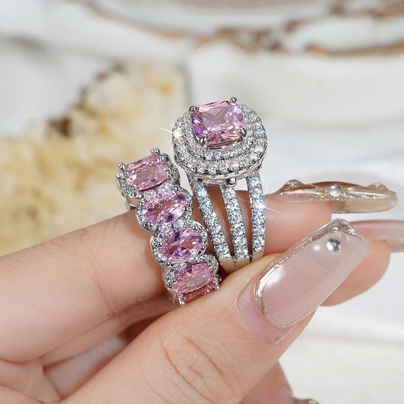 Huitan Gorgeous 2Pcs Wedding Rings for Women White/Pink/Green/Black Cubic Zirconia Set Rings Luxury Trendy Engagement Jewelry