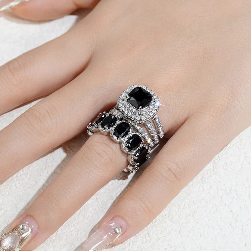 Huitan Gorgeous 2Pcs Wedding Rings for Women White/Pink/Green/Black Cubic Zirconia Set Rings Luxury Trendy Engagement Jewelry
