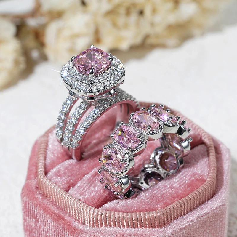 Huitan Gorgeous 2Pcs Wedding Rings for Women White/Pink/Green/Black Cubic Zirconia Set Rings Luxury Trendy Engagement Jewelry