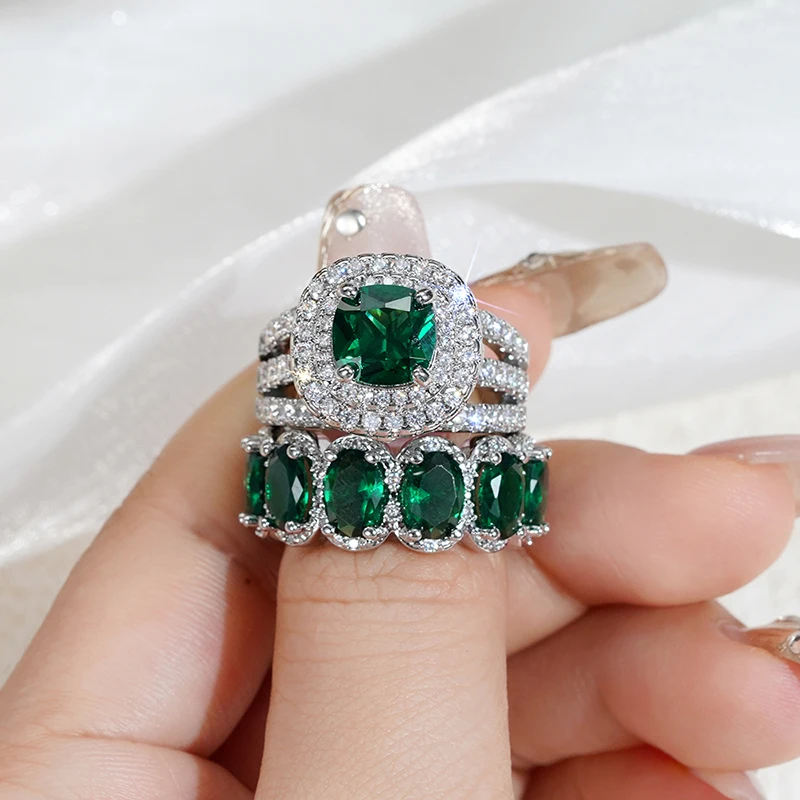 Huitan Gorgeous 2Pcs Wedding Rings for Women White/Pink/Green/Black Cubic Zirconia Set Rings Luxury Trendy Engagement Jewelry