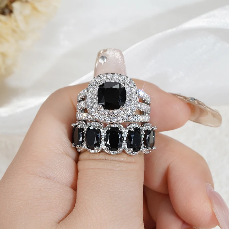 Huitan Gorgeous 2Pcs Wedding Rings for Women White/Pink/Green/Black Cubic Zirconia Set Rings Luxury Trendy Engagement Jewelry