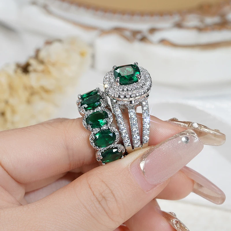 Huitan Gorgeous 2Pcs Wedding Rings for Women White/Pink/Green/Black Cubic Zirconia Set Rings Luxury Trendy Engagement Jewelry
