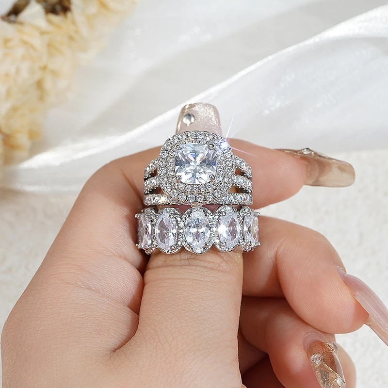 Huitan Gorgeous 2Pcs Wedding Rings for Women White/Pink/Green/Black Cubic Zirconia Set Rings Luxury Trendy Engagement Jewelry