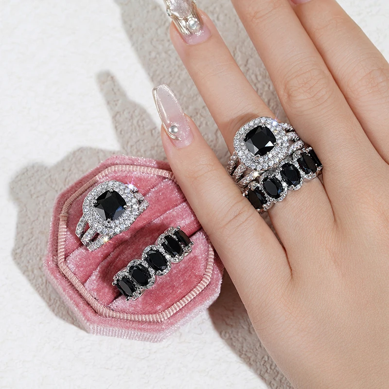 Huitan Gorgeous 2Pcs Wedding Rings for Women White/Pink/Green/Black Cubic Zirconia Set Rings Luxury Trendy Engagement Jewelry