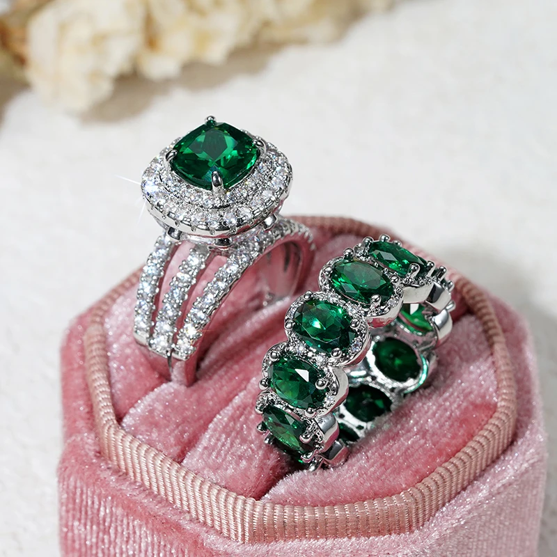 Huitan Gorgeous 2Pcs Wedding Rings for Women White/Pink/Green/Black Cubic Zirconia Set Rings Luxury Trendy Engagement Jewelry