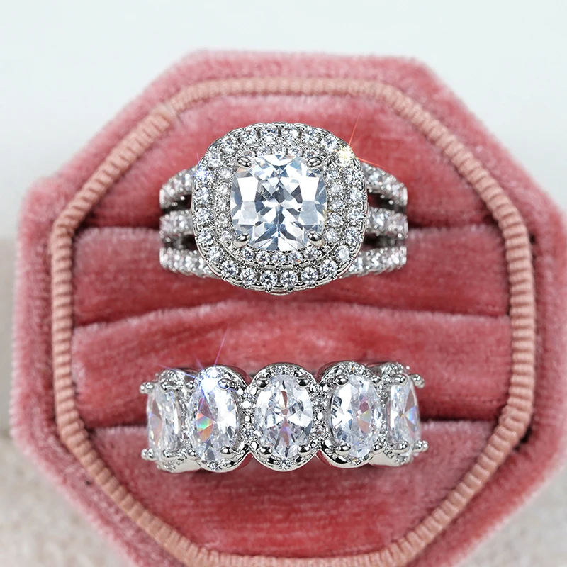 Huitan Gorgeous 2Pcs Wedding Rings for Women White/Pink/Green/Black Cubic Zirconia Set Rings Luxury Trendy Engagement Jewelry