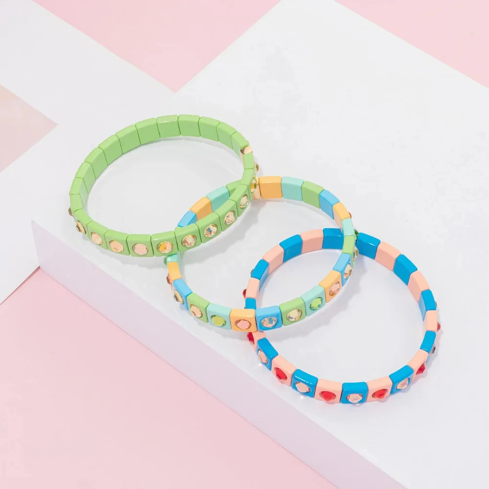 2024 Colorful Rhinestone Beads Women Bracelet Enamel Candy Color Elastic Bangle Bohemian Jewelry Accessories