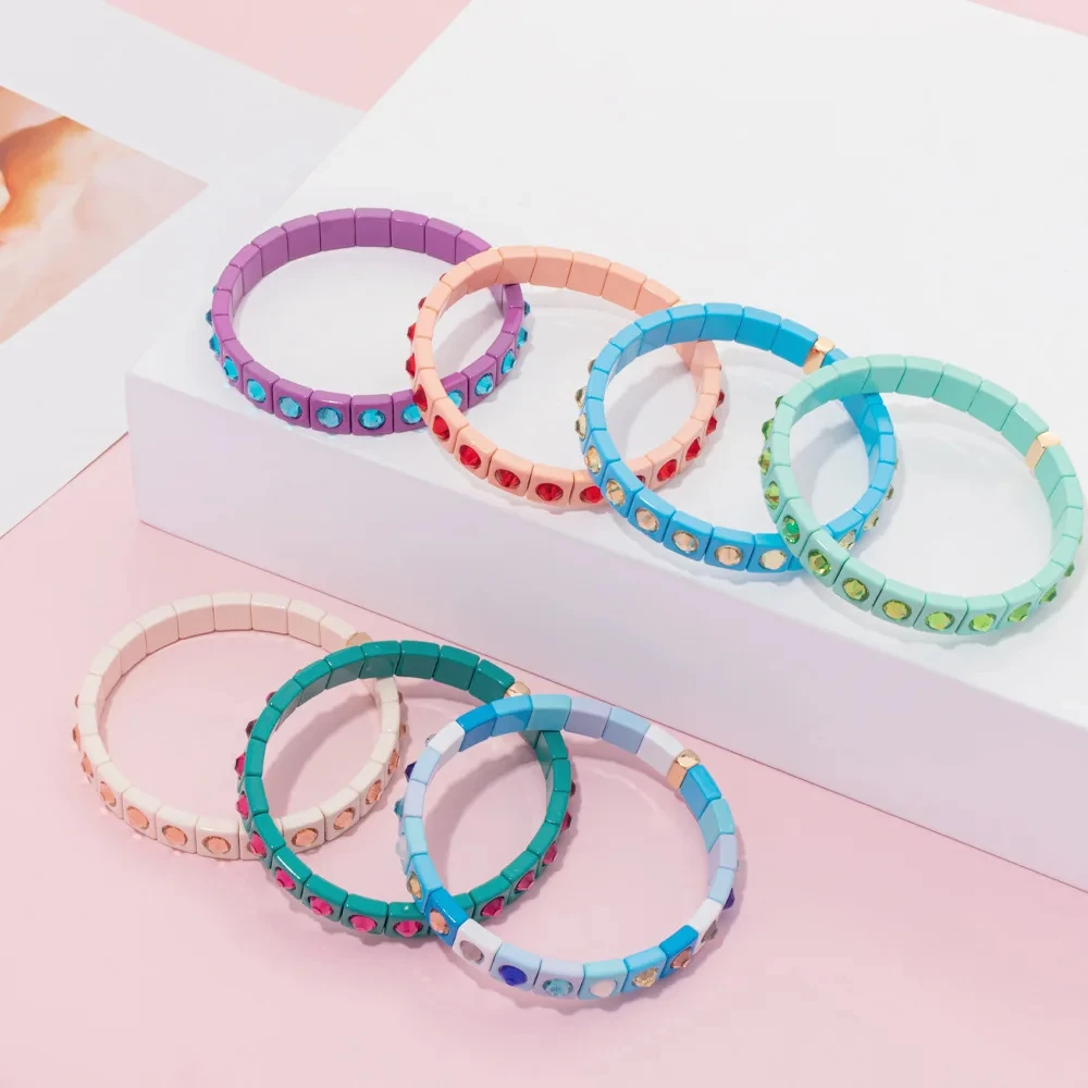 2024 Colorful Rhinestone Beads Women Bracelet Enamel Candy Color Elastic Bangle Bohemian Jewelry Accessories