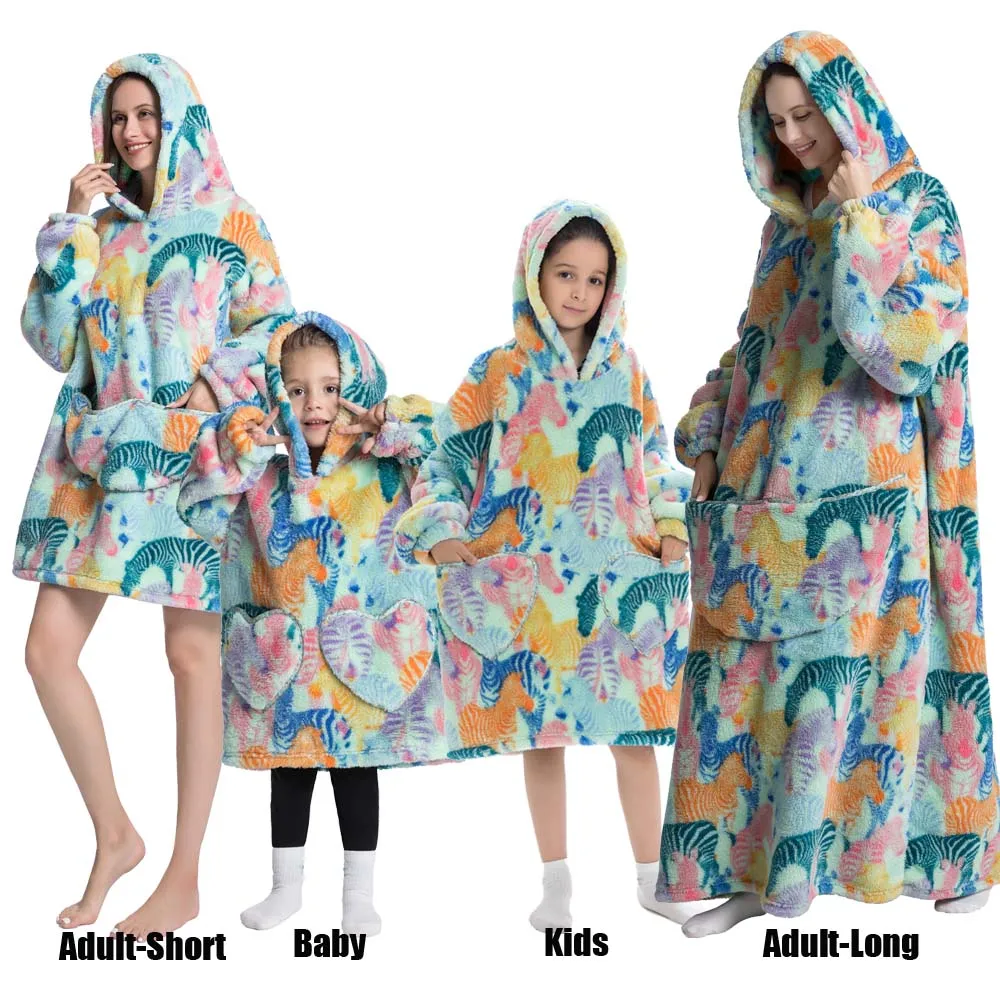 Winter Oversized Hoodies Sweatshirt Cute Cartoon Pizza Lion Panda Pullover Super Long Flannel Giant Lazy TV Blanket Pajamas
