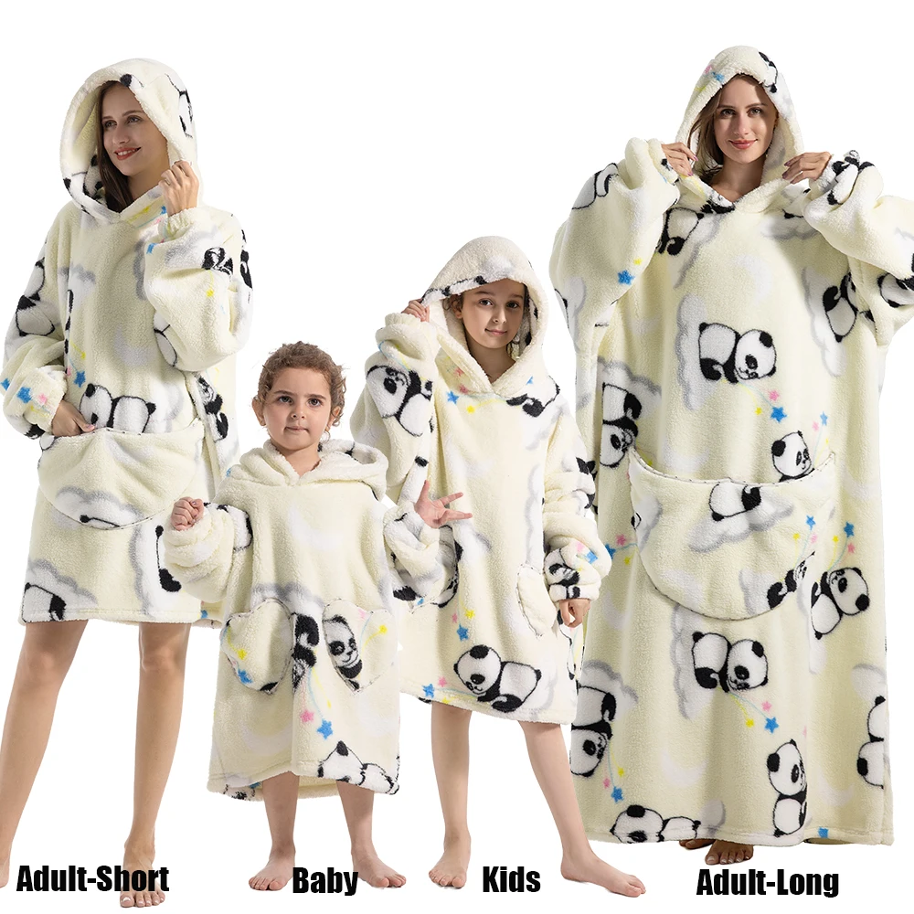 Winter Oversized Hoodies Sweatshirt Cute Cartoon Pizza Lion Panda Pullover Super Long Flannel Giant Lazy TV Blanket Pajamas