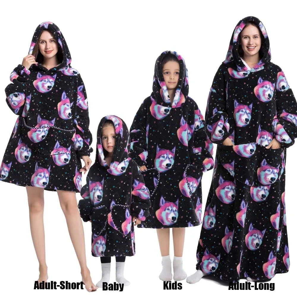 Winter Oversized Hoodies Sweatshirt Cute Cartoon Pizza Lion Panda Pullover Super Long Flannel Giant Lazy TV Blanket Pajamas