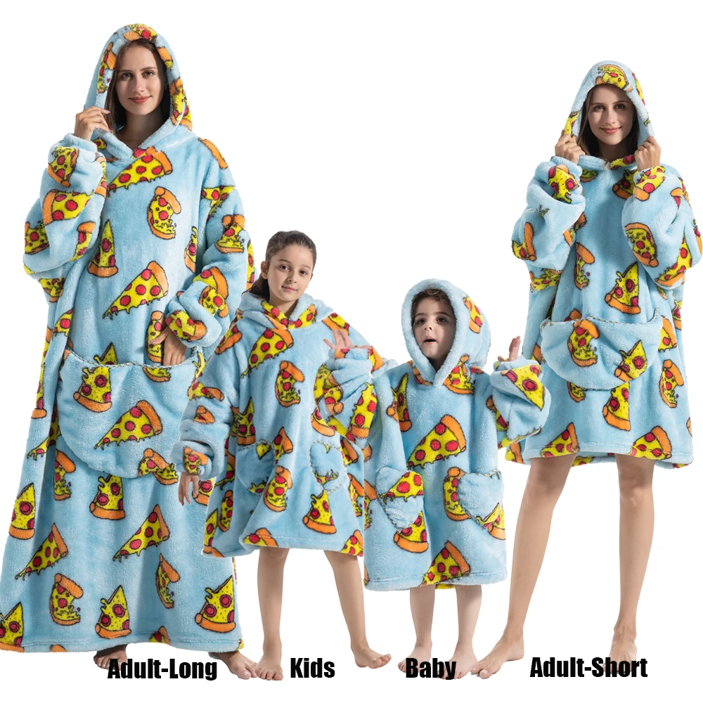 Winter Oversized Hoodies Sweatshirt Cute Cartoon Pizza Lion Panda Pullover Super Long Flannel Giant Lazy TV Blanket Pajamas