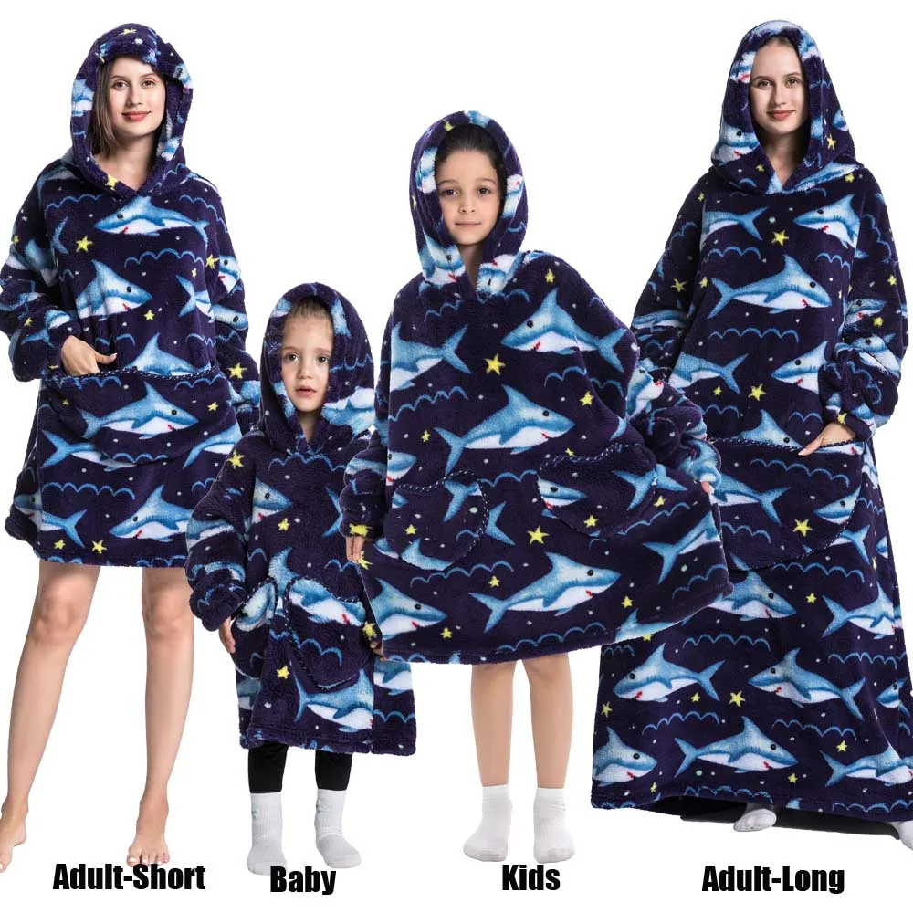 Winter Oversized Hoodies Sweatshirt Cute Cartoon Pizza Lion Panda Pullover Super Long Flannel Giant Lazy TV Blanket Pajamas