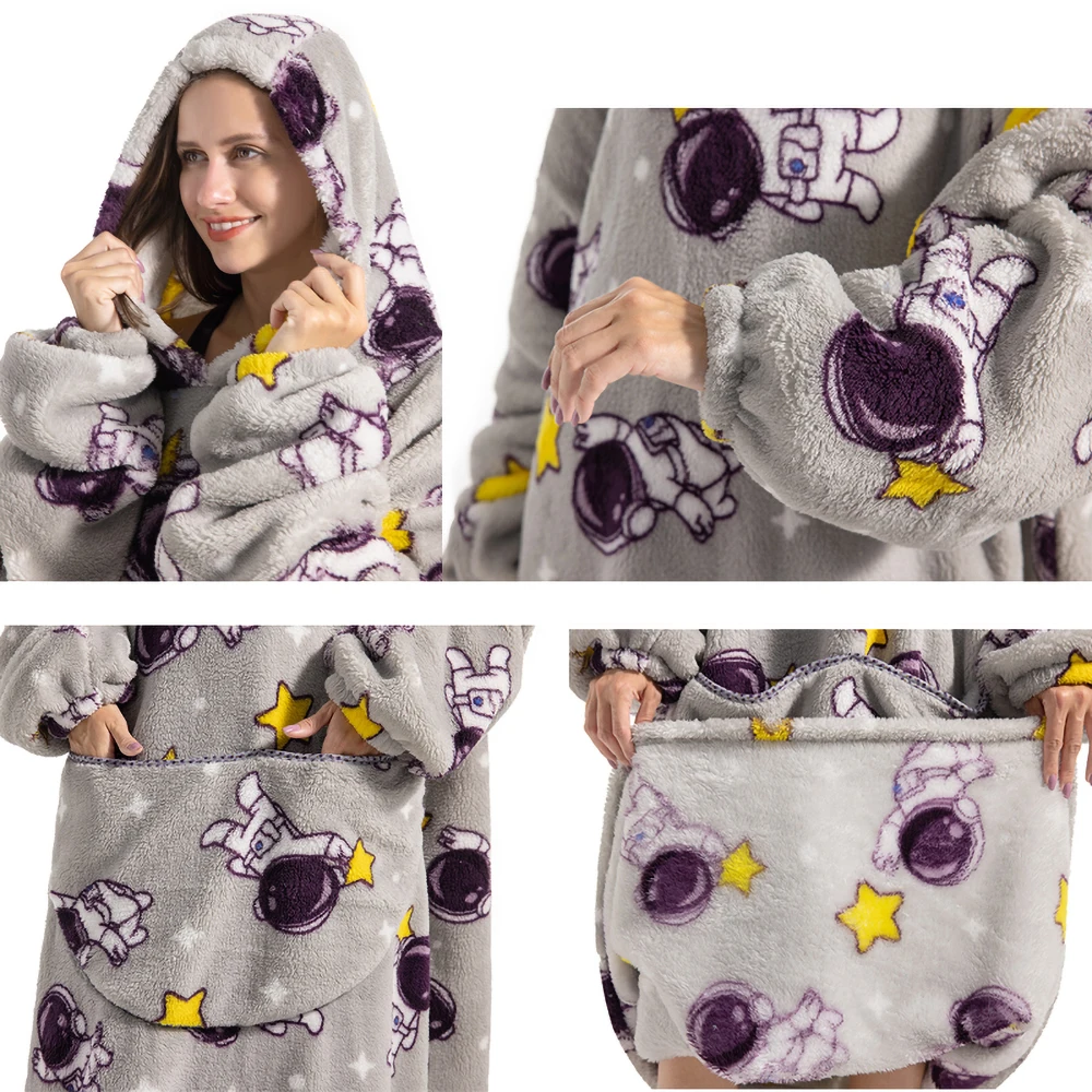 Winter Oversized Hoodies Sweatshirt Cute Cartoon Pizza Lion Panda Pullover Super Long Flannel Giant Lazy TV Blanket Pajamas