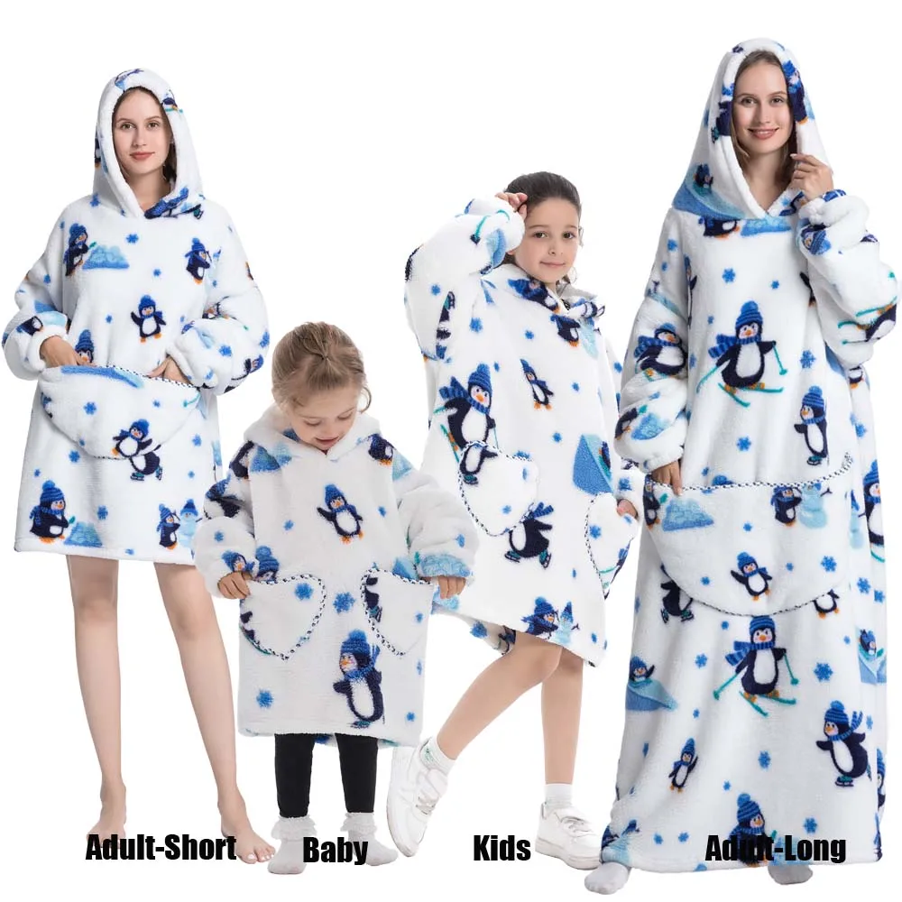 Winter Oversized Hoodies Sweatshirt Cute Cartoon Pizza Lion Panda Pullover Super Long Flannel Giant Lazy TV Blanket Pajamas